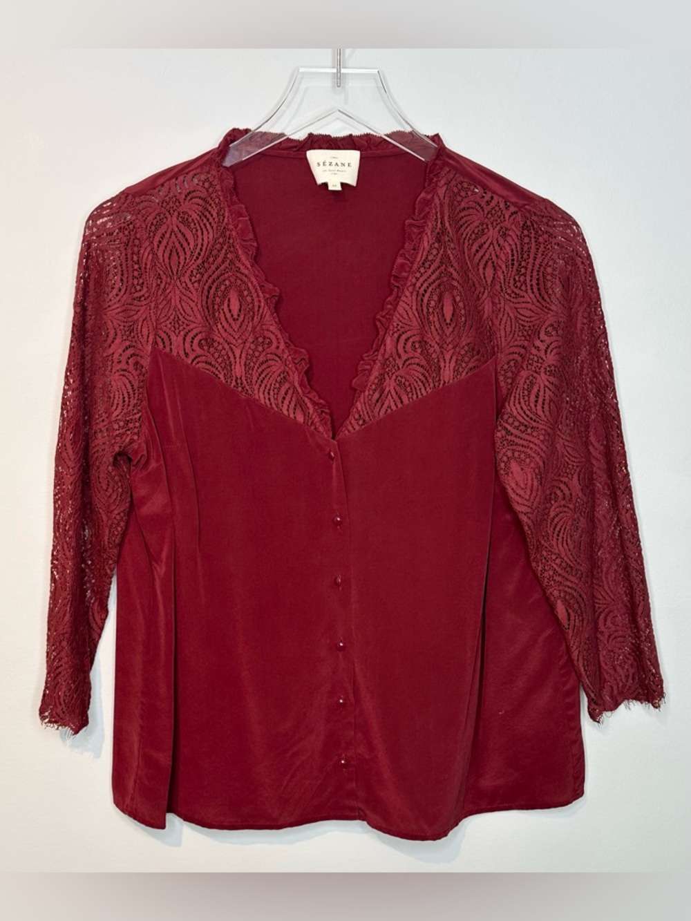 Sezane Margaret Bordeaux Red Silk Lace Sleeve Blouse Shirt Top - Picture 3 of 14